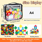 4 Pack Toy Storage Organizer Bag for Lego Bricks, Clear PVC Zippered Block Set with Manual Pocket& Name Tag, Waterproof Toy Carrying Case for Board Game, Building Blocks& Puzzles (Large, Black)