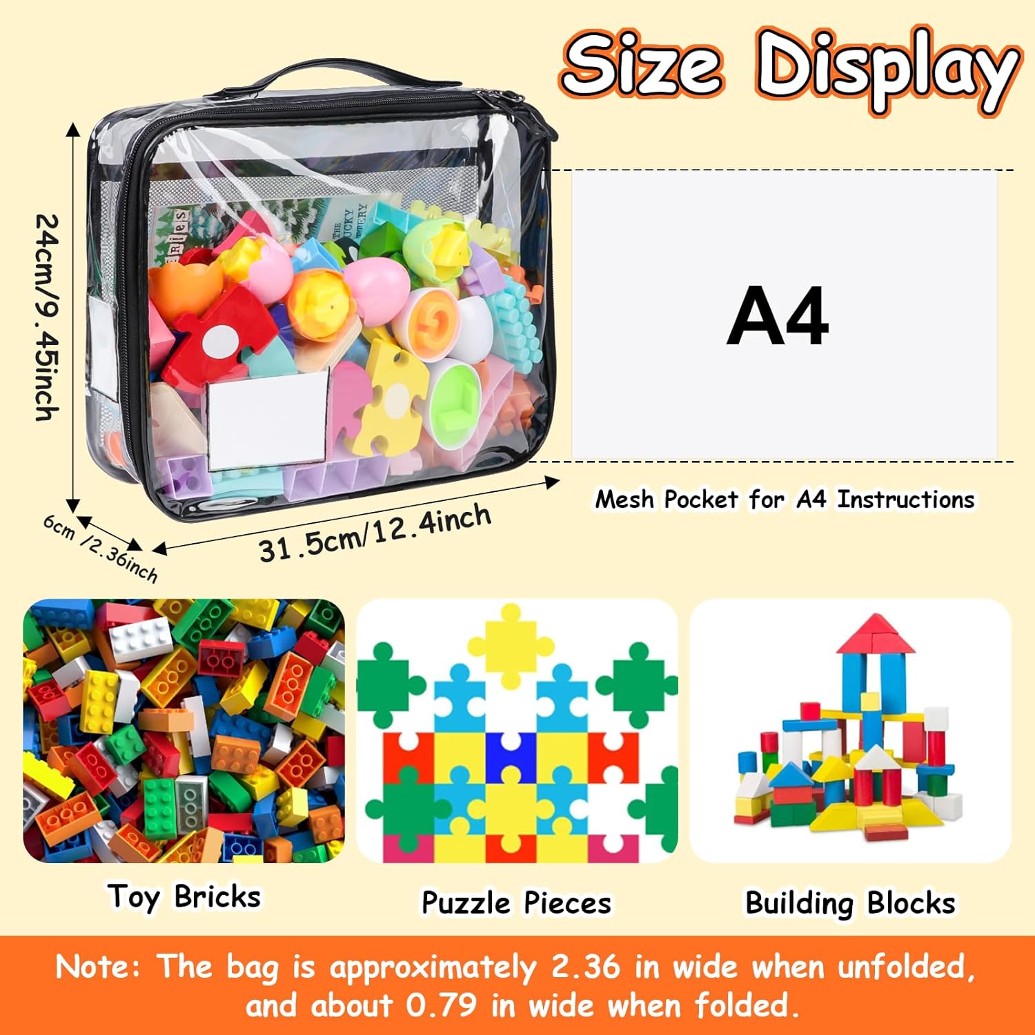 4 Pack Toy Storage Organizer Bag for Lego Bricks, Clear PVC Zippered Block Set with Manual Pocket& Name Tag, Waterproof Toy Carrying Case for Board Game, Building Blocks& Puzzles (Large, Black)