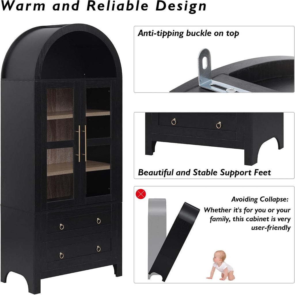 HRVEOCEI Black Arched Cabinet with Glass Doors, Tall Arch Kitchen Pantry with 2 Large Drawers & Adjustable Shelves/Golden Handles, Wood Hutch Cabinet for Kitchen, Dining Room, Living Room