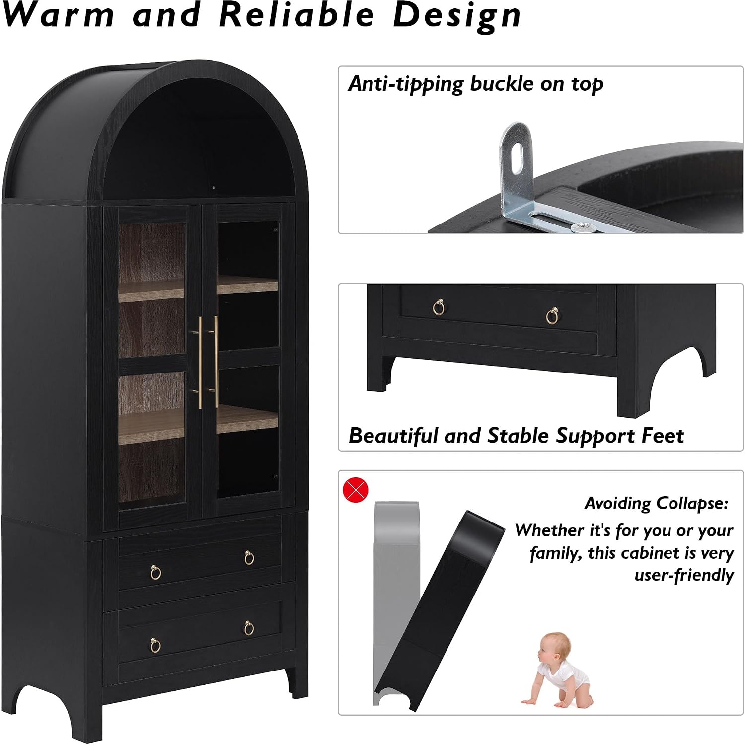 HRVEOCEI Black Arched Cabinet with Glass Doors, Tall Arch Kitchen Pantry with 2 Large Drawers & Adjustable Shelves/Golden Handles, Wood Hutch Cabinet for Kitchen, Dining Room, Living Room
