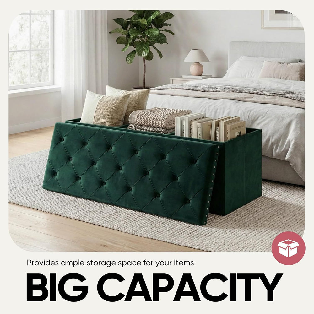 Storage Ottoman Bench, 43 Inches Folding Green Velvet Long Ottoman with Stora...