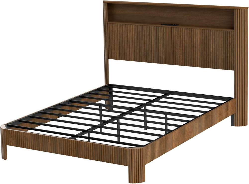 Peanu Queen Bed Frame, Wave Headboard, Charging Station Walnut