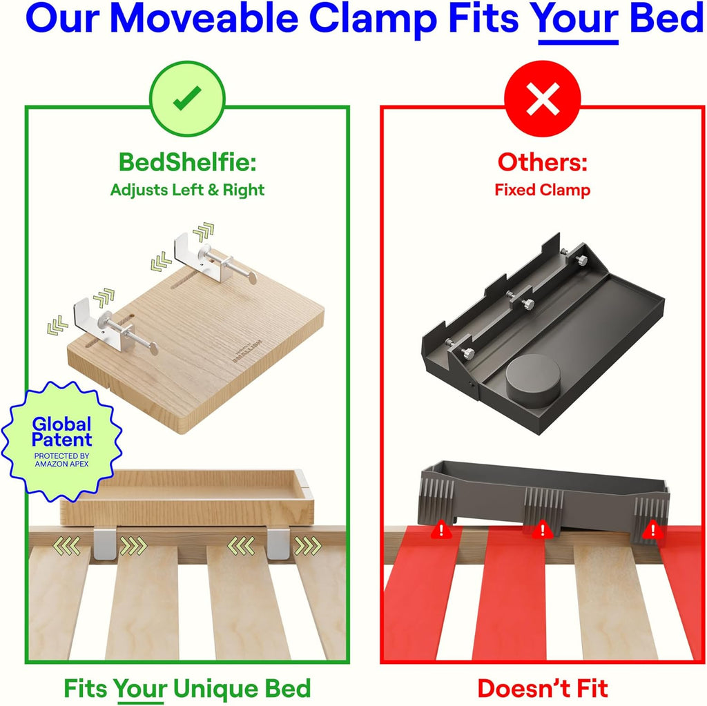 BedShelfie Bedside Shelf for Bunk Bed & Top Bunk, College Dorm Room Essentials, Loft Nightstand, Floating Bed Side Table Tray Storage, Dorm Room Decor by Smallish - (Flexfit Model, Black)
