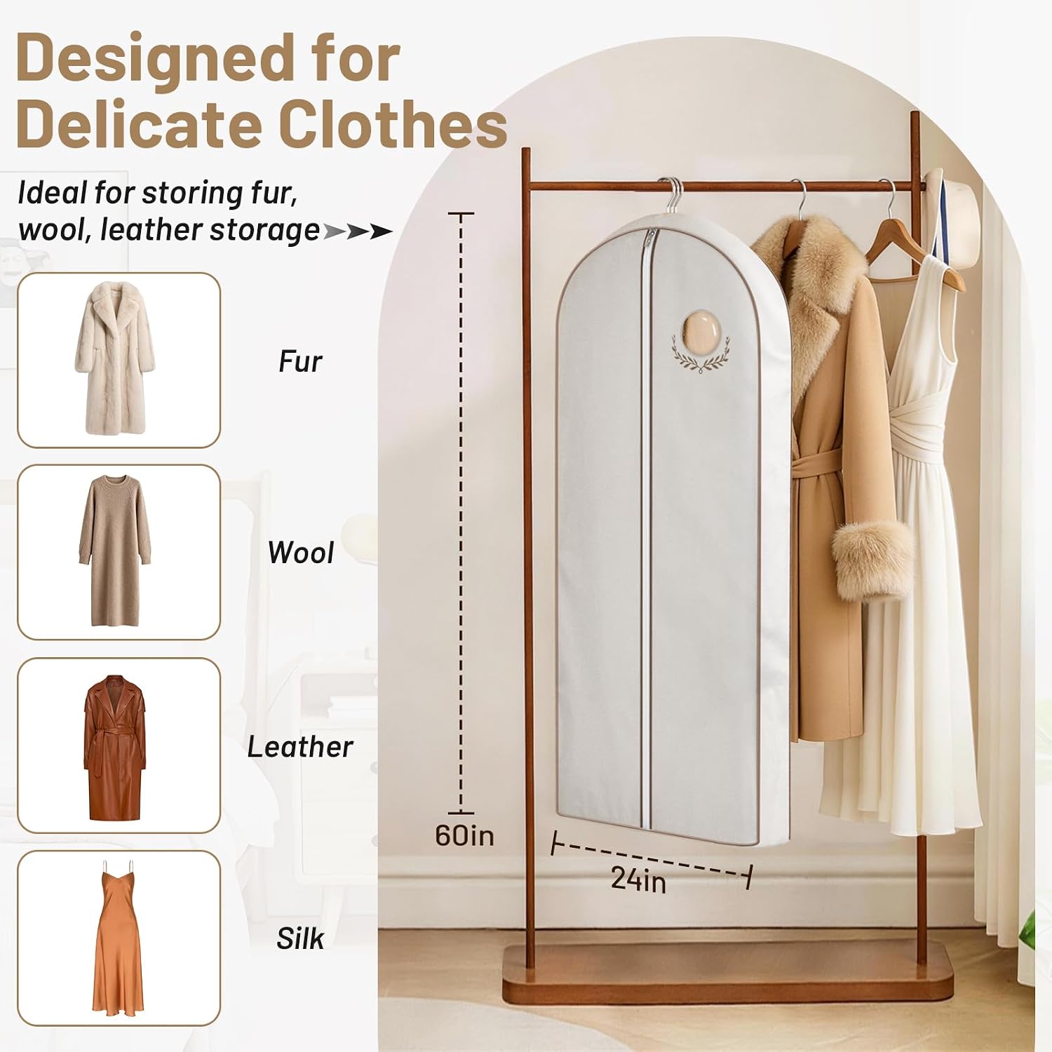 MISSLO 60" Cotton Garment Bag for Long Dress Breathable Fur Coat Storage Bag Women Dress Cover Luxury Garment Bags for Hanging Clothes Travel for Fur Coat, Jacket, Gown, Suit