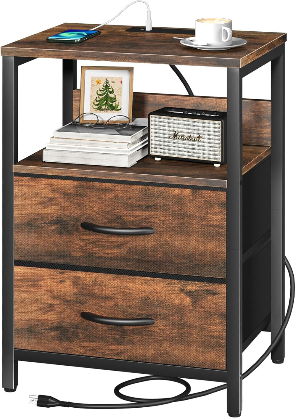 Yoobure Nightstand with Charging Station, Small Night Stand with Fabric Drawe...