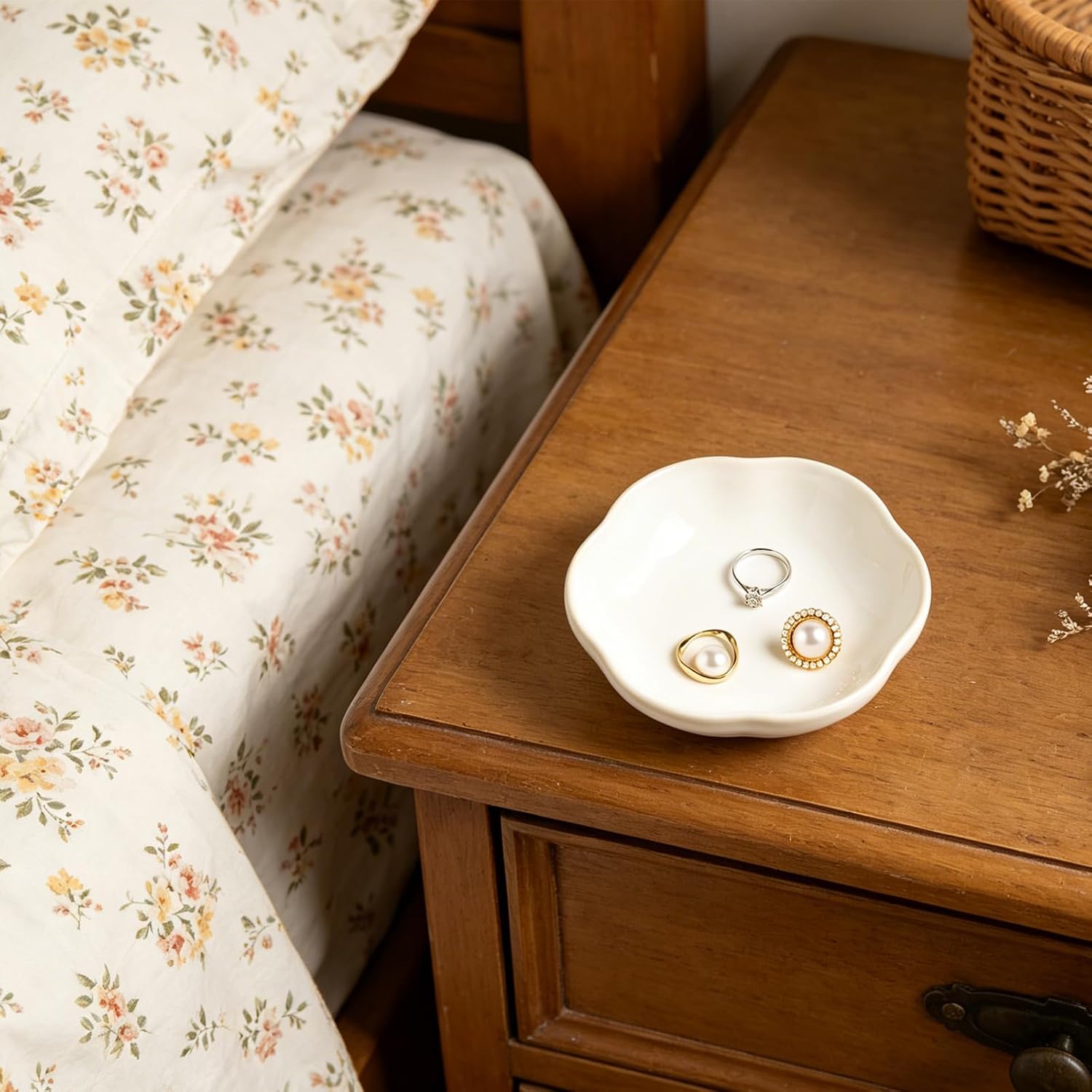 Ceramic Jewelry Tray, Ring Holder Floral Trinket Bowl for Women | Small catchall keeps rings, earrings, keys, and keepsakes visible on vanities or dressers, adding a giftable decor accent