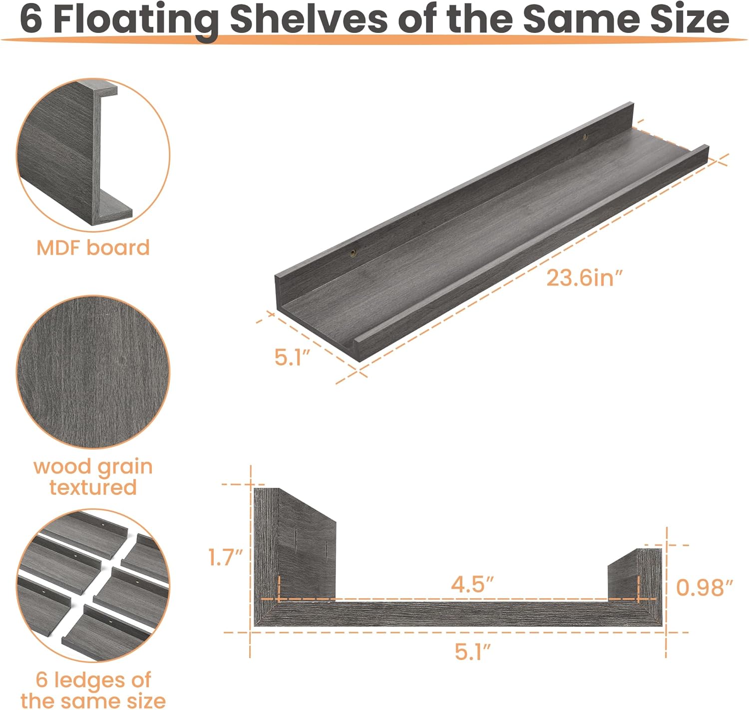 upsimples Floating Shelves for Wall, 23.6 Inch Shelves for Decor Storage Set of 6, Wall Mounted Wood Shelf for Bedroom, Living Room, Bathroom, Kitchen, Long Picture Ledge Shelves, Grey