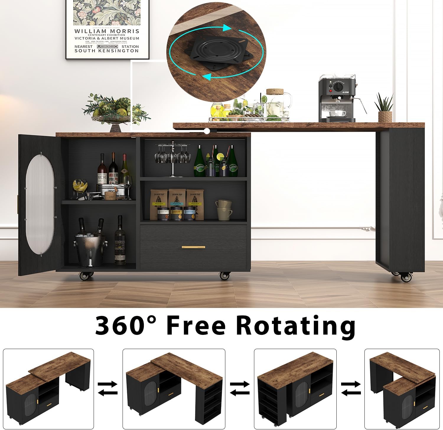 HSH Rolling Kitchen Island with Seating & Storage with Wheels, Rustic Brown | 72” Large kitchen island, 360° swivel & extendable table, movable island Cart with cabinet, drawer and shelves for Kitchen