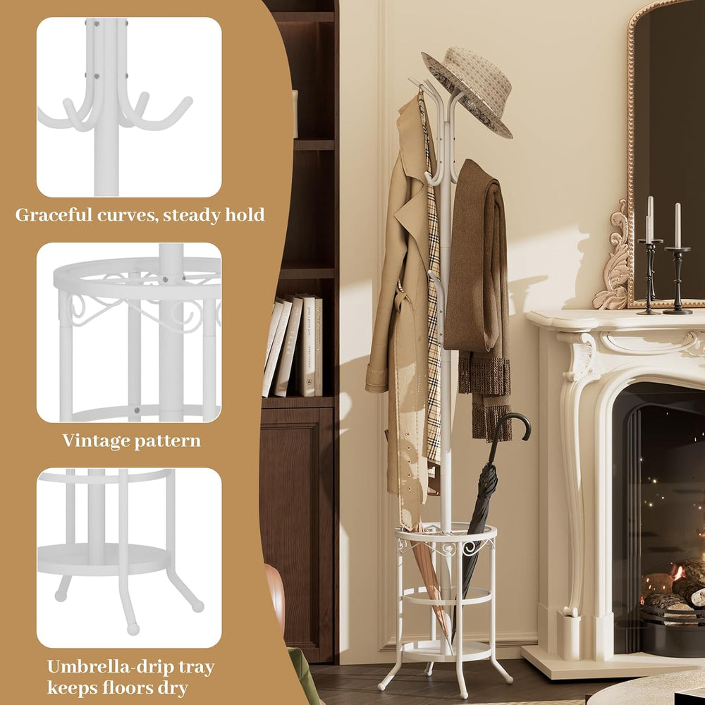 Coat Rack Freestanding with Umbrella Holder – Metal Hanger Stand, Hall Tree w...