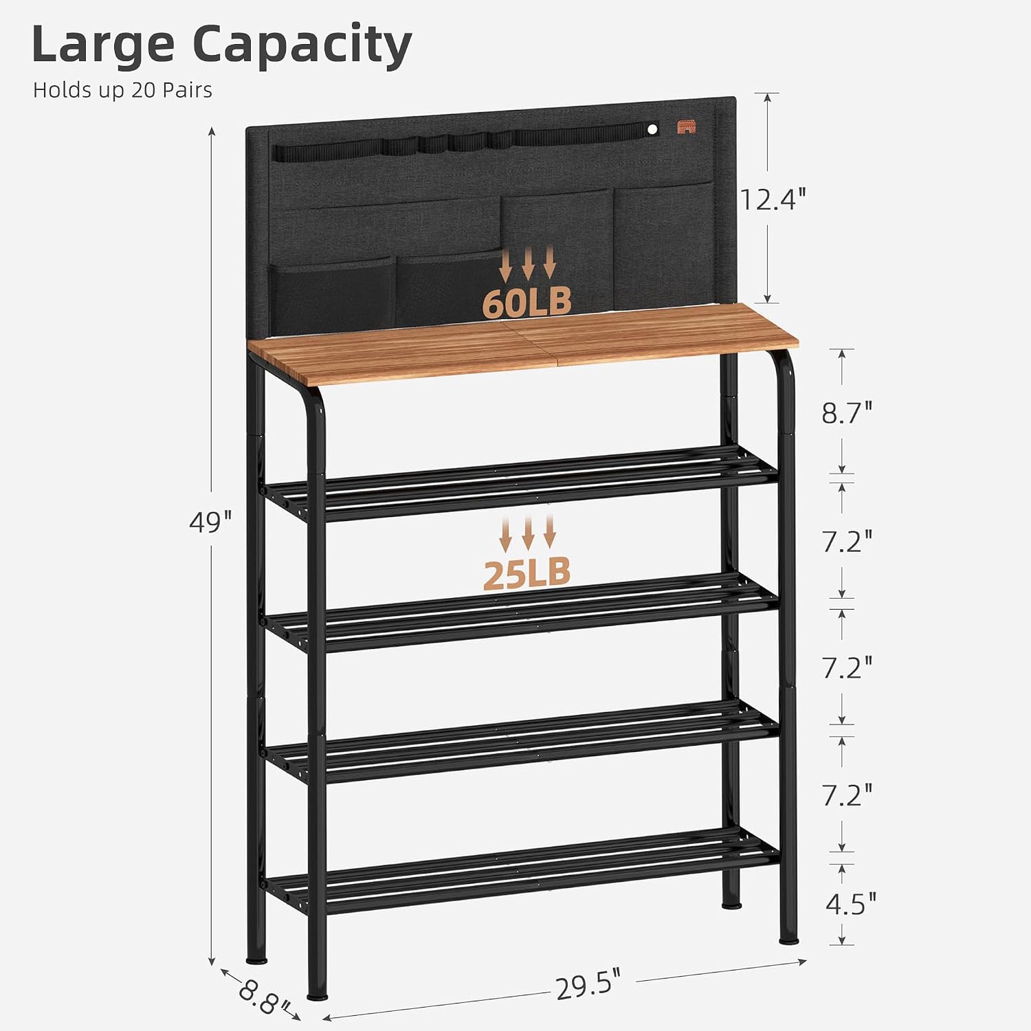 STORAGE MANIAC 5 Tier Shoe Rack for Entryway, Metal Shoe Shelf with Storage Pocket and MDF Top Board, 16-20 Pairs Free Standing Shoes Organizer for Closet, Black