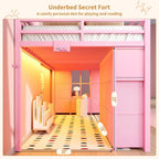 Low Loft Bed Twin Size with 13 Storage Drawers & Bookshelf, Twin Loft Bed with RGB LED Lights & Power Outlets, Metal Loft Bed with Safety Guardrail & Under-Bed Play Space, Pink