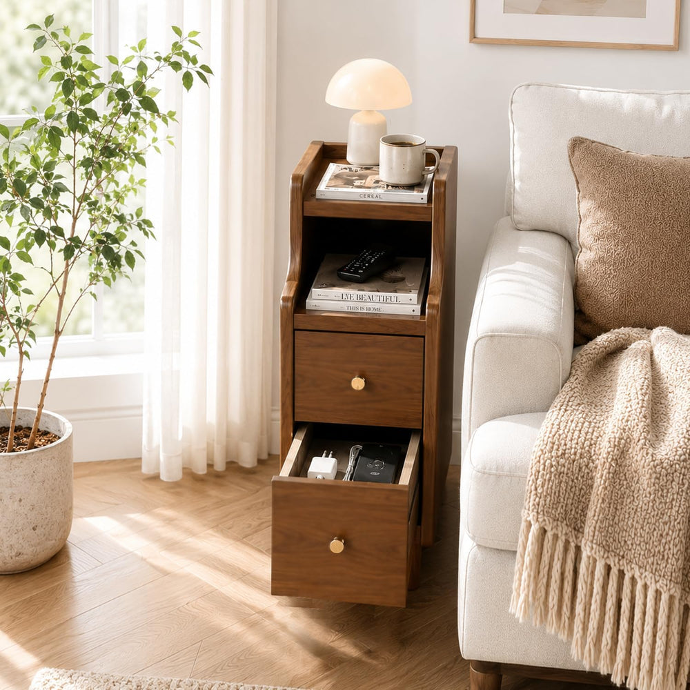 YUNMUARY-Narrow Side Table,Walnut Nightstand,Mid Century Modern Nightstands,N...