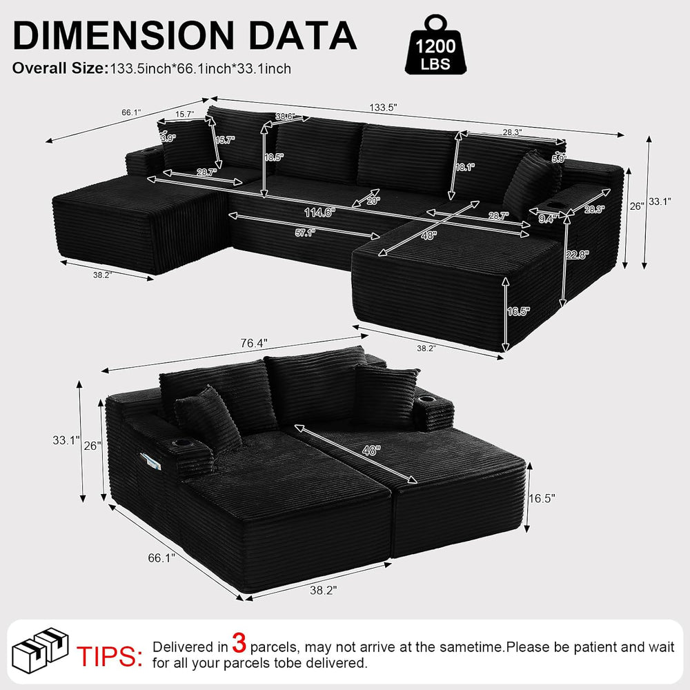 134 Inch Modular Sectional Sofa, Cloud Couch for Living Room | Modern Corduro...