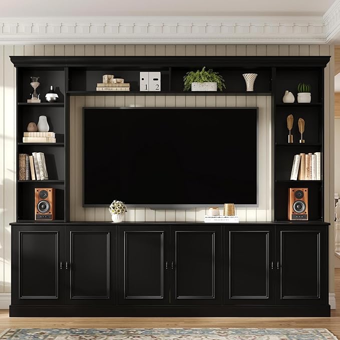 SOFTSEA 4-Piece Entertainment Center Wall Unit for TVs up to 70", Large TV Stand Wall Unit with Bookshelves, 6 Doors & Adjustable Shelves, Media Console with Bridge for Living Room, Black