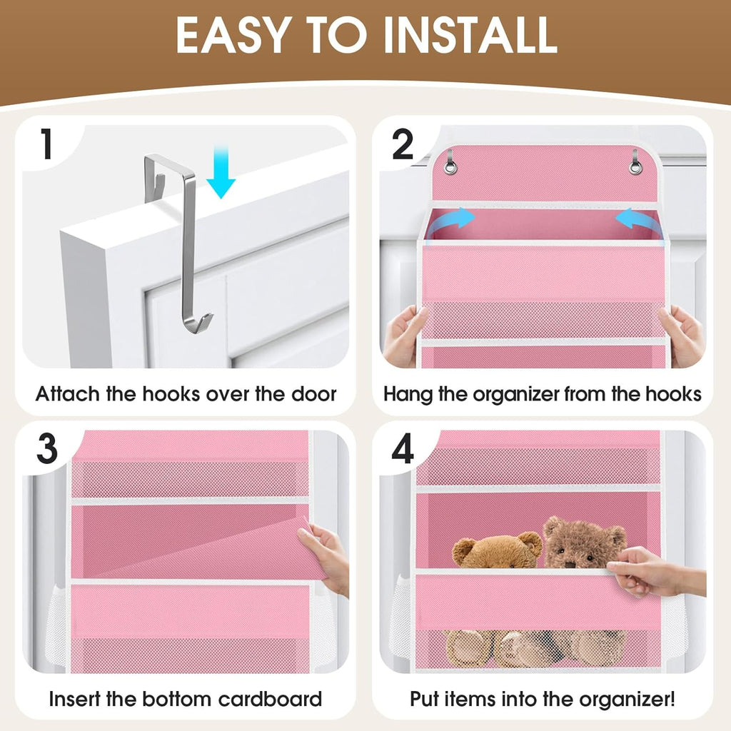 6-Tier Over The Door Organizer Hanging Storage Organizers with Clear Window 40lb Large Capacity Room Organizer for Pantry Bathroom Nursery Closet(Pink)
