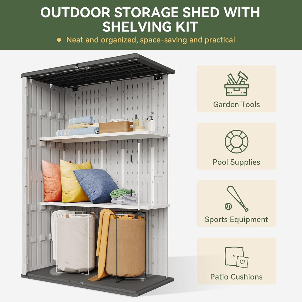 Aoxun White Resin Outdoor Storage Shed with 2 Shelves & Floor, 64 Cu.Ft Vertical Waterproof Cabinet for Garage, Pool, Bike, Garden Tools, Patio Furniture