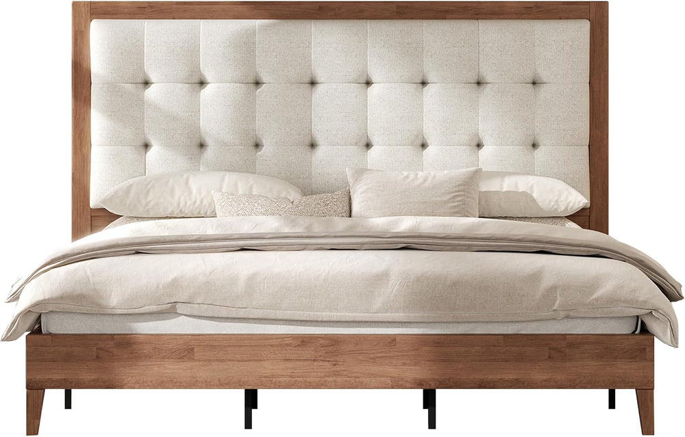 AMERLIFE Solid Wood Queen Bed Frame 50.2" Upholstered Headboard, Walnut
