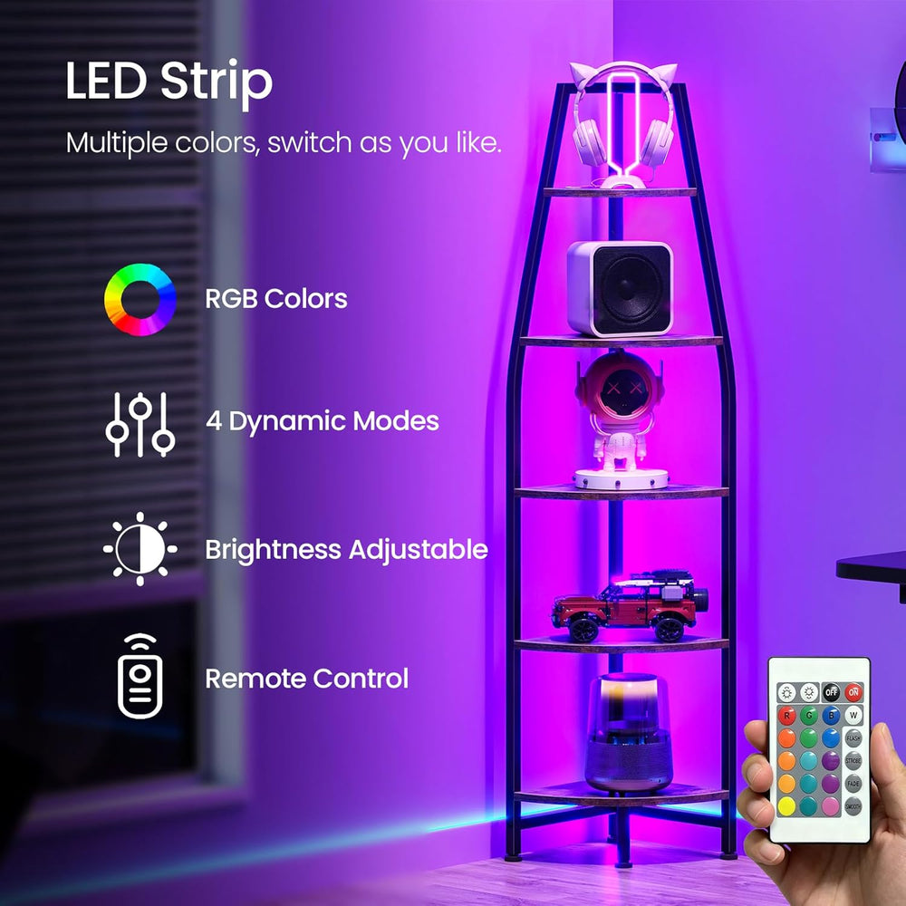 CHOEZON Corner Shelf with Lights, Corner Bookshelf with Metal Frame, 5-Tier T...