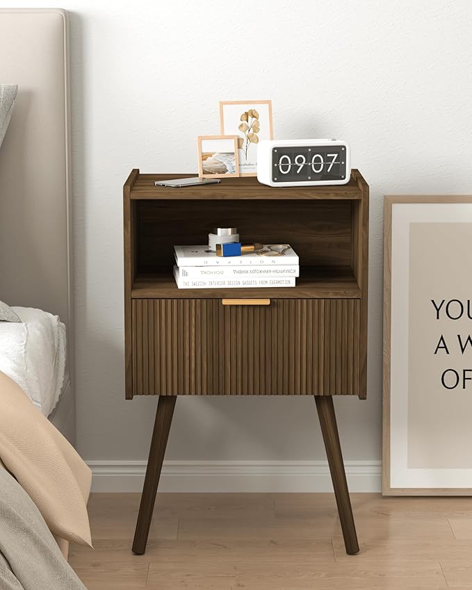 Nightstand,Modern Bedside Table with Storage Drawer and Open Wood Shelf, for ...