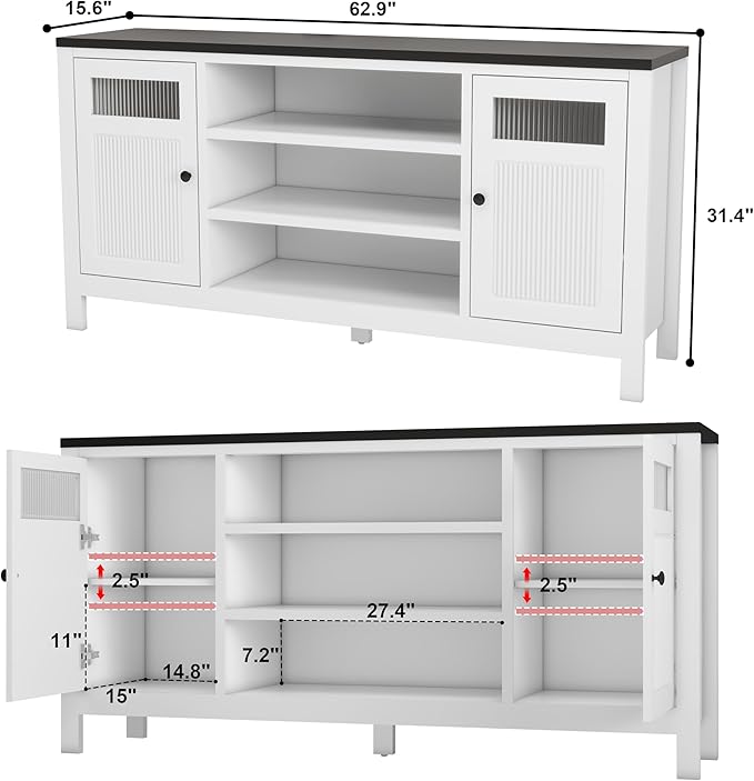 White Tv Stands for Living Room: 63 Inch Tv Cabinet for Tvs Up to 75 Inch, Tall Entertainment Center with Storage, Modern Fluted Media Console for 60 65 70 75 Inches Television (White)