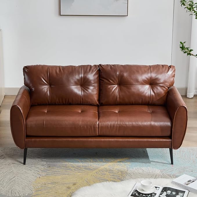 TYBOATLE Sofa Couch 61" Small Loveseat Couches for Living Room Chestnut Brown Leather Couch Mid Century Modern Tufted Mini Sofa Comfy Office 2 Seat Settee Love Seat for Small Spaces Bedroom