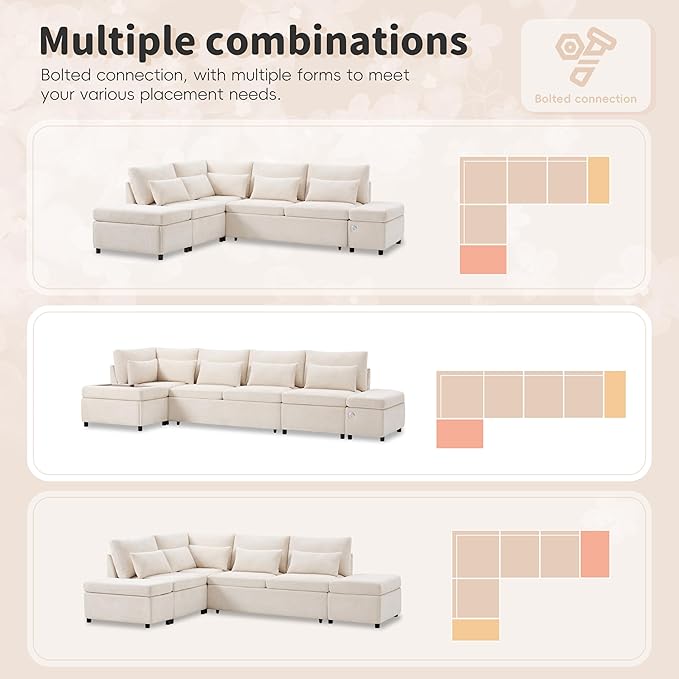 Ball & Cast Modular Convertible L-Shaped Sectional Sleeper Sofa Bed Pull Out Couch with Moveable Storage Ottoman,Oversized Chenille Pull-Out Sofa Bed W/Reclining Armrest&USB Port,for Living Room,Beige