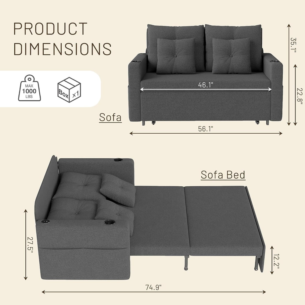 Krcix 3 in 1 Sofa Bed, 56" Convertible Pull Out Couch, Loveseat Sleeper ...
