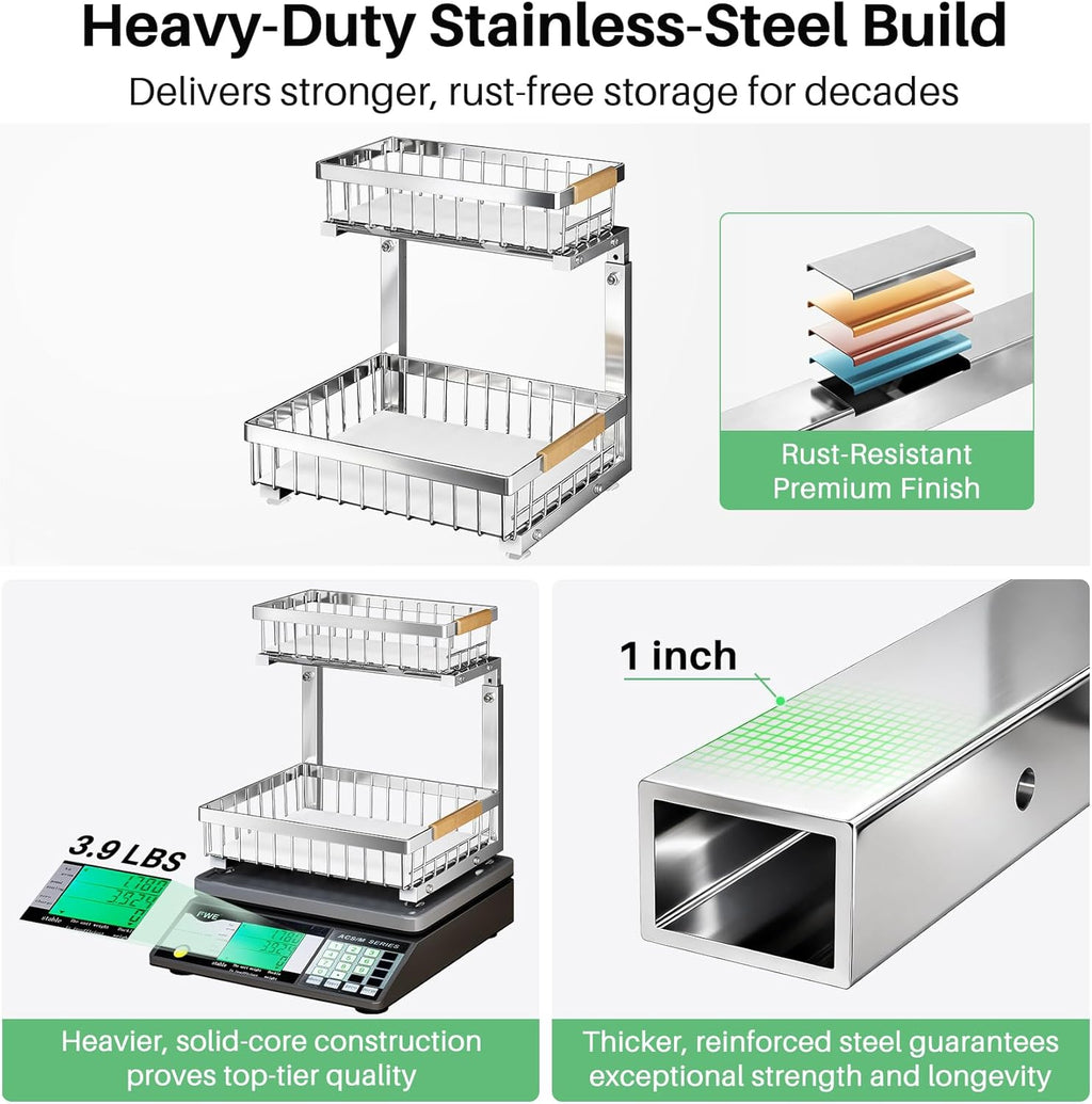 Under Sink Organizer, Stainless Steel 2 Packs 2 Tier Under Sink Organizers and Storage, Slide out Pull out Cabinet Shelf, Sliding Drawer for Kitchen Bathroom Pantry Cabinet Closet Organization Rack
