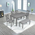 Dining Table Set, 6-Piece Kitchen Table & Chair Set with Rectangular Dining Table, 4 Upholstered X-Shaped Backrest Chairs and a Bench, Wooden Dining Table Set for 6 People, Gray