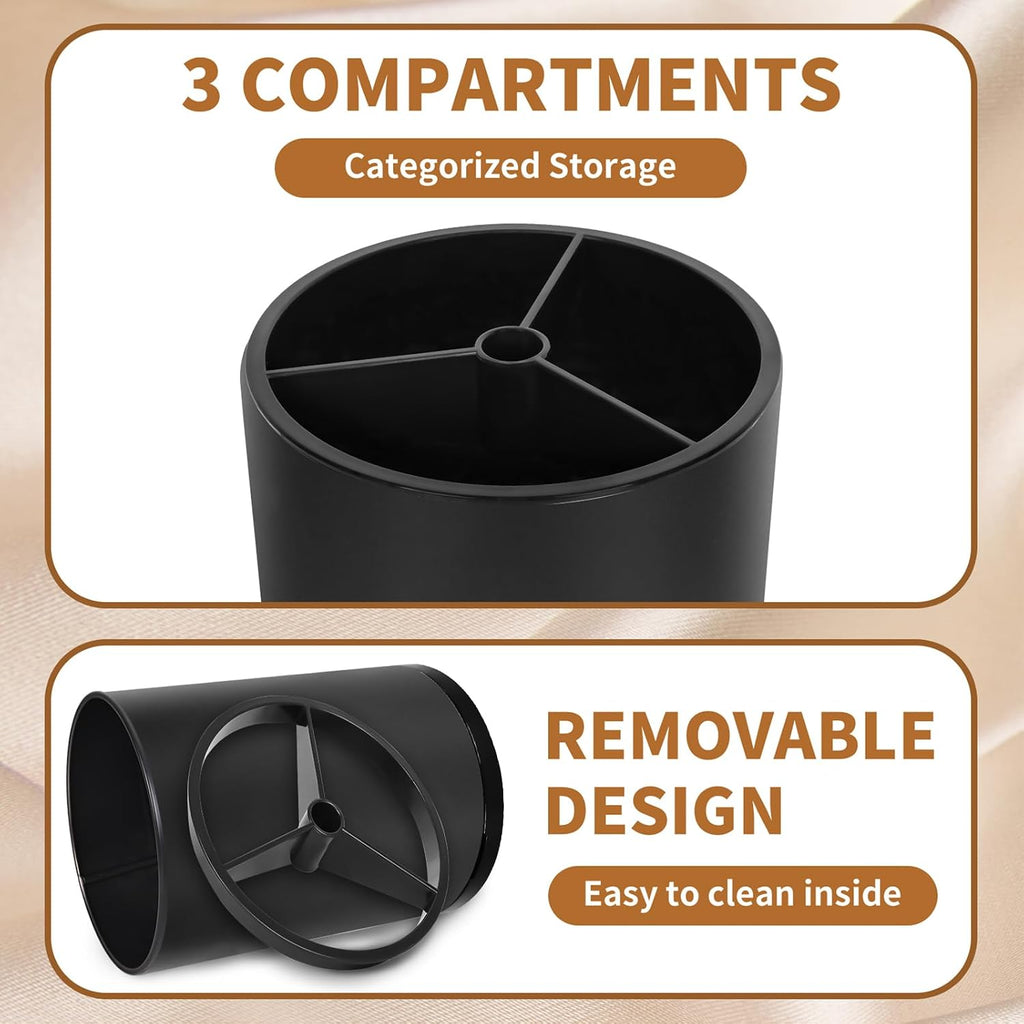 Nigelia Extra Large Kitchen Utensil Holder, 360° Rotating Stainless Steel Cooking Utensil Holder for Countertop, 3 Compartment Flatware Organizer & Cooking Caddy with Removable Base（Black）