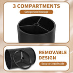 Nigelia Extra Large Kitchen Utensil Holder, 360° Rotating Stainless Steel Cooking Utensil Holder for Countertop, 3 Compartment Flatware Organizer & Cooking Caddy with Removable Base（Black）
