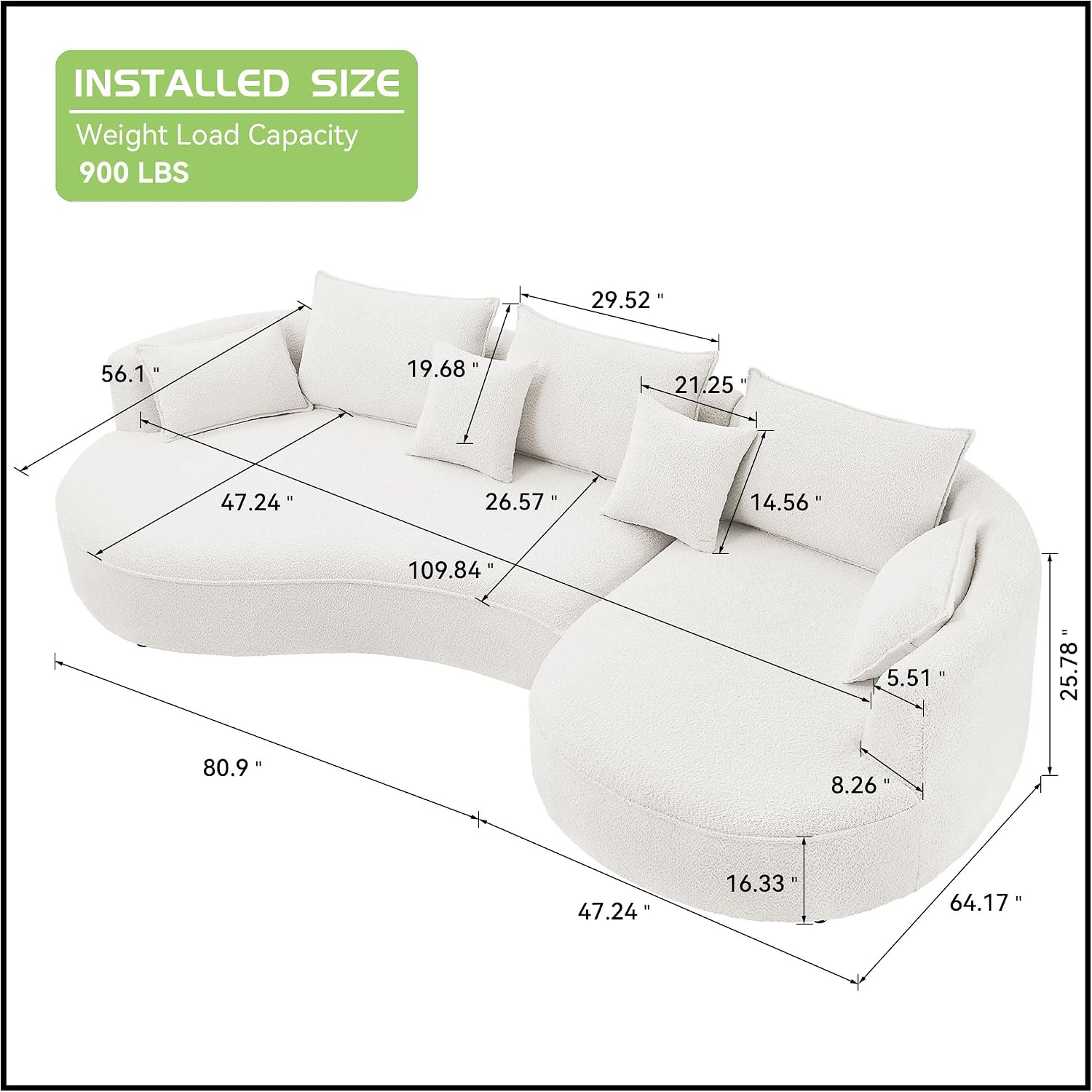 KEVINSPACE 128.15" Sofa Couch Modern Curved Cloud Round Sectional Couches Comfy with Pillows Luxury Chaise L Shape Upholstery for Living Room Apartment White Right Hand Facing