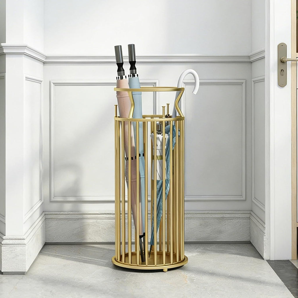 Metal Umbrella Stand with Hooks, Commercial Umbrella Holder & Storage Rack Organizer, Floor Standing Umbrella Bucket for Home, Hotel, Lobby & Entryway Decor.(Gold)