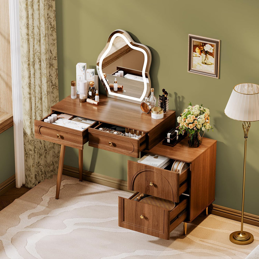 Chrangmay Walnut Stylish Corner Makeup Vanity Table，Vanity Desk with Lighted ...