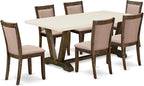 East West Furniture V727MZ716-7 7 Piece Dinette Set Consist of a Rectangle Dining Room Table with V-Legs and 6 Dark Khaki Linen Fabric Upholstered Parson Chairs, 40x72 Inch, Multi-Color