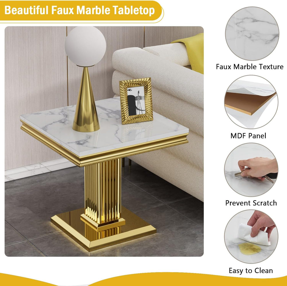 Henf 23in Square End Table Faux Marble End Table with Pillar Stainless Steel ...