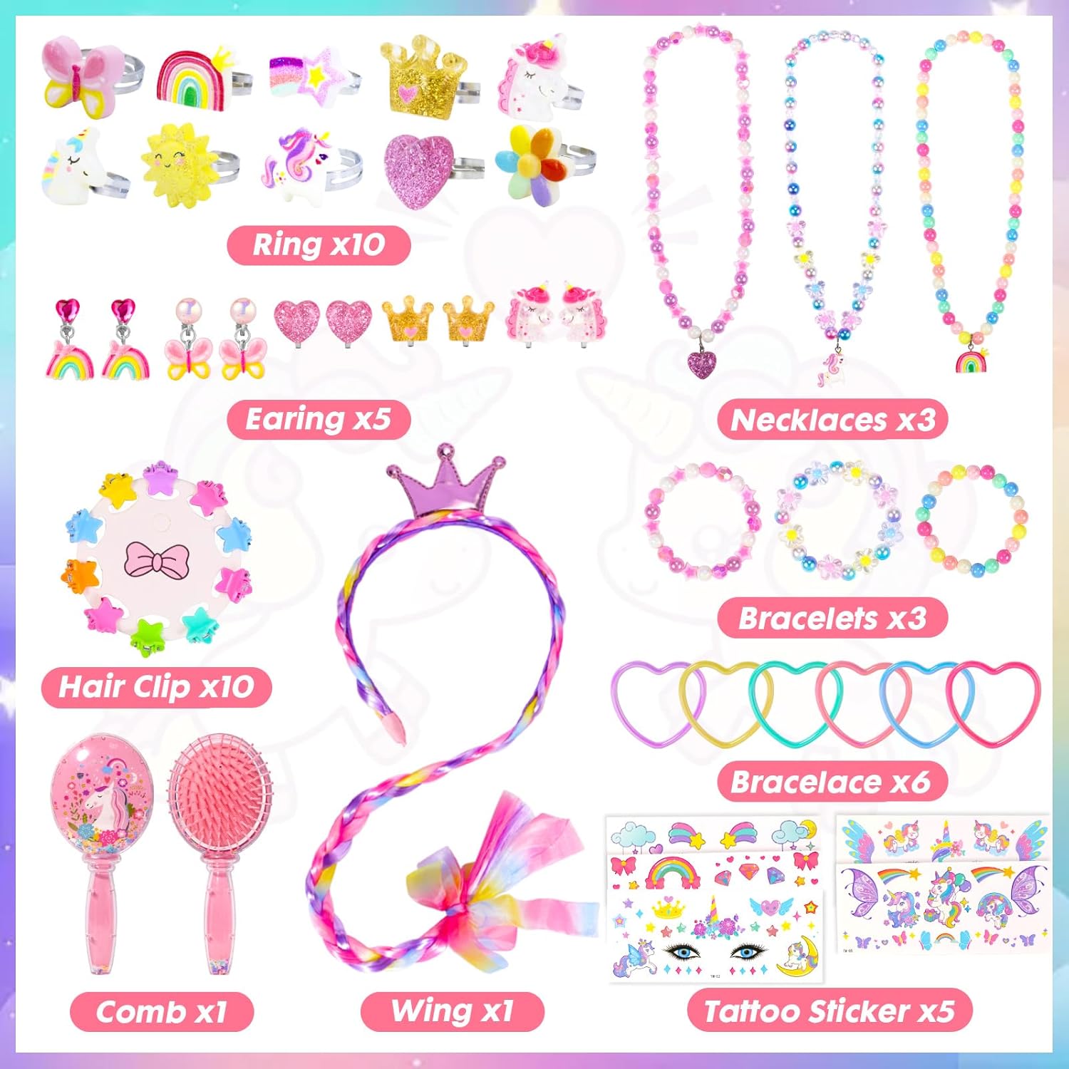PinkSheep Unicorn Kids Jewelry for Girls: Toddler Princess Dress Up Unicorn Toy Set, Ring Necklace Bracelace Earing Clip for Little Girls, for Kids Toddler Jewelry Age 3-8