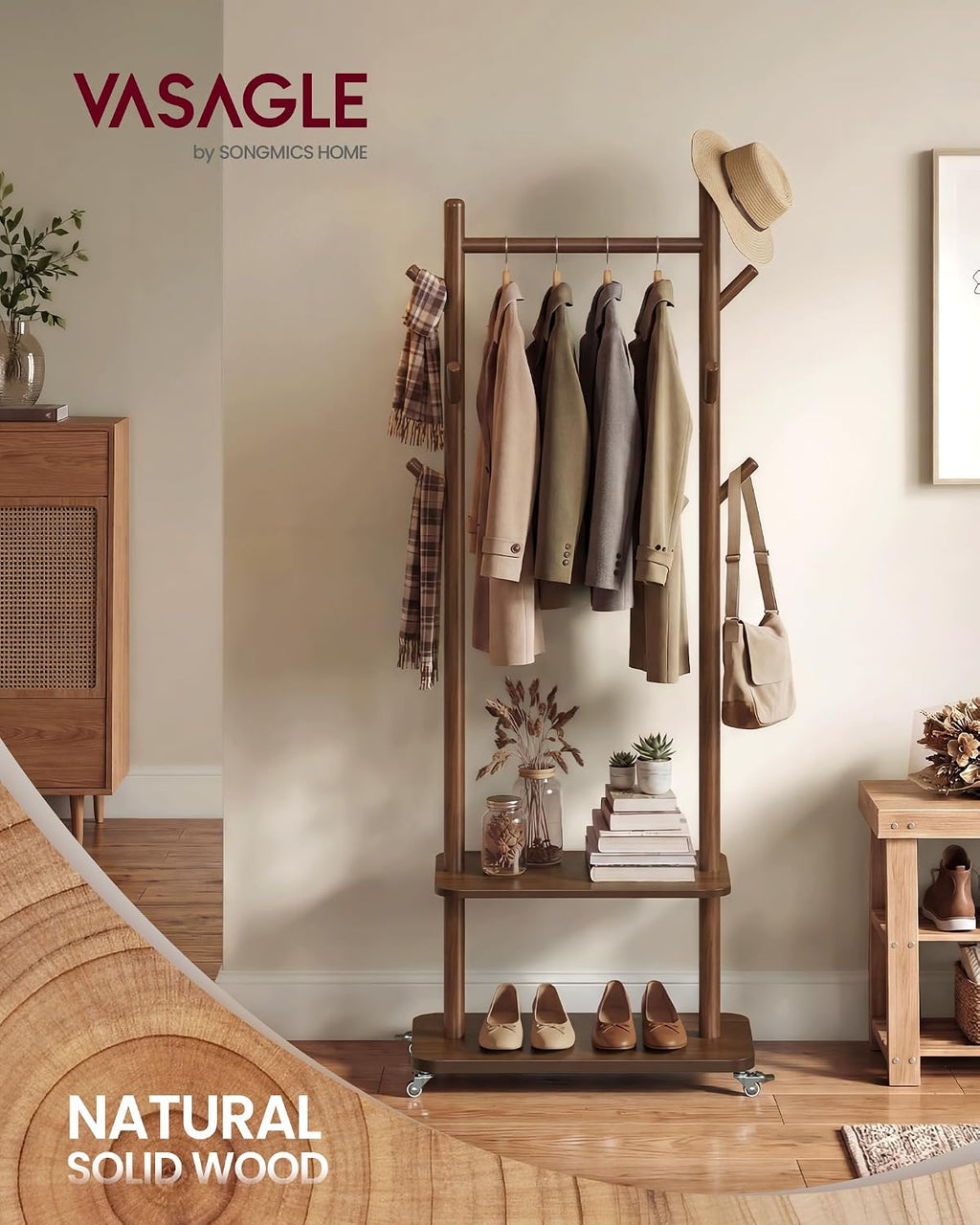 VASAGLE Freestanding Coat Rack Stand with 7 Hooks, 2 Shelves, 4 Removable 360° Swivel Wheels, Wooden Hooks and Pole, for Entryway, Bedroom, Living Room, Walnut Brown URCR053KJ01