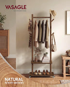 VASAGLE Freestanding Coat Rack Stand with 7 Hooks, 2 Shelves, 4 Removable 360° Swivel Wheels, Wooden Hooks and Pole, for Entryway, Bedroom, Living Room, Walnut Brown URCR053KJ01