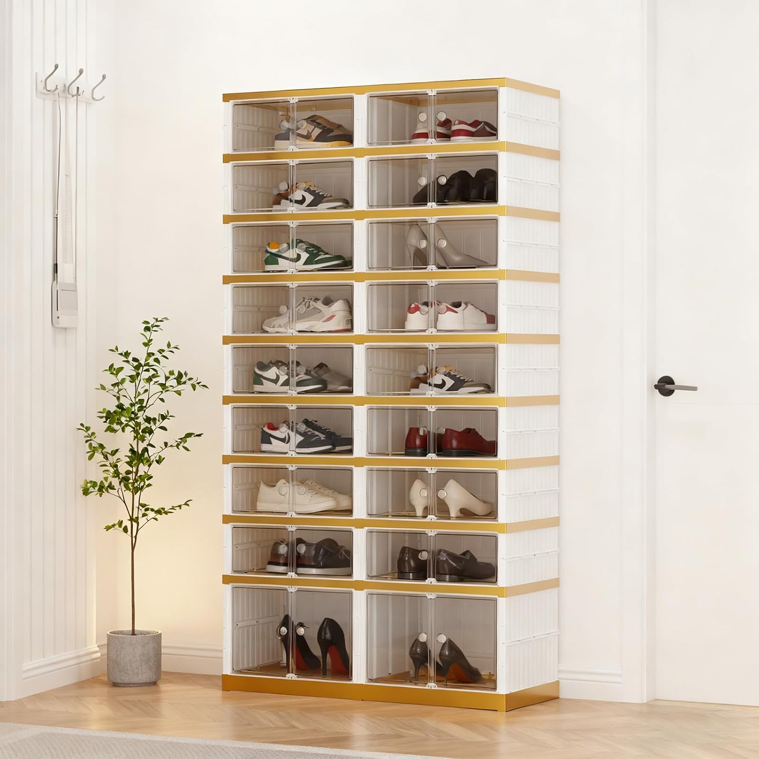 SYNCVIBE Shoe Rack Organizer for Closet Entryway Foldable Sneaker Storage Shoe, Collapsible Shoe Cabinet, Stackable Shoe Storage Cabinet with Lids for Living Room (9 Tiers -36 Pairs White Gold)