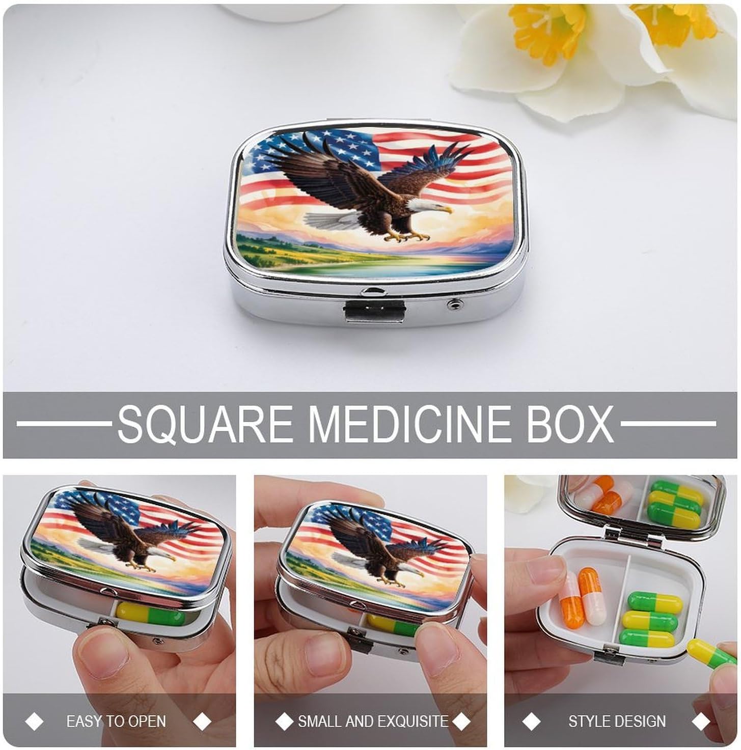 Custom Metal Pill Organizer, Personalization Pill Box with Photo Text Name, 2-Compartment Push-Button Case for Daily Vitamins & Travel
