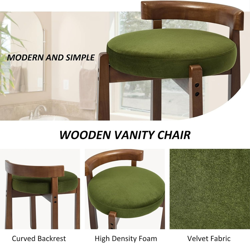 HEAH-YO Wood Vanity Chair with Back, Velvet Upholstered Small Ottoman Footstool, Mid-Century Modern Makeup Chair with Solid Wood Legs for Makeup Room Bedroom Living Room, Green