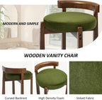 HEAH-YO Wood Vanity Chair with Back, Velvet Upholstered Small Ottoman Footstool, Mid-Century Modern Makeup Chair with Solid Wood Legs for Makeup Room Bedroom Living Room, Green