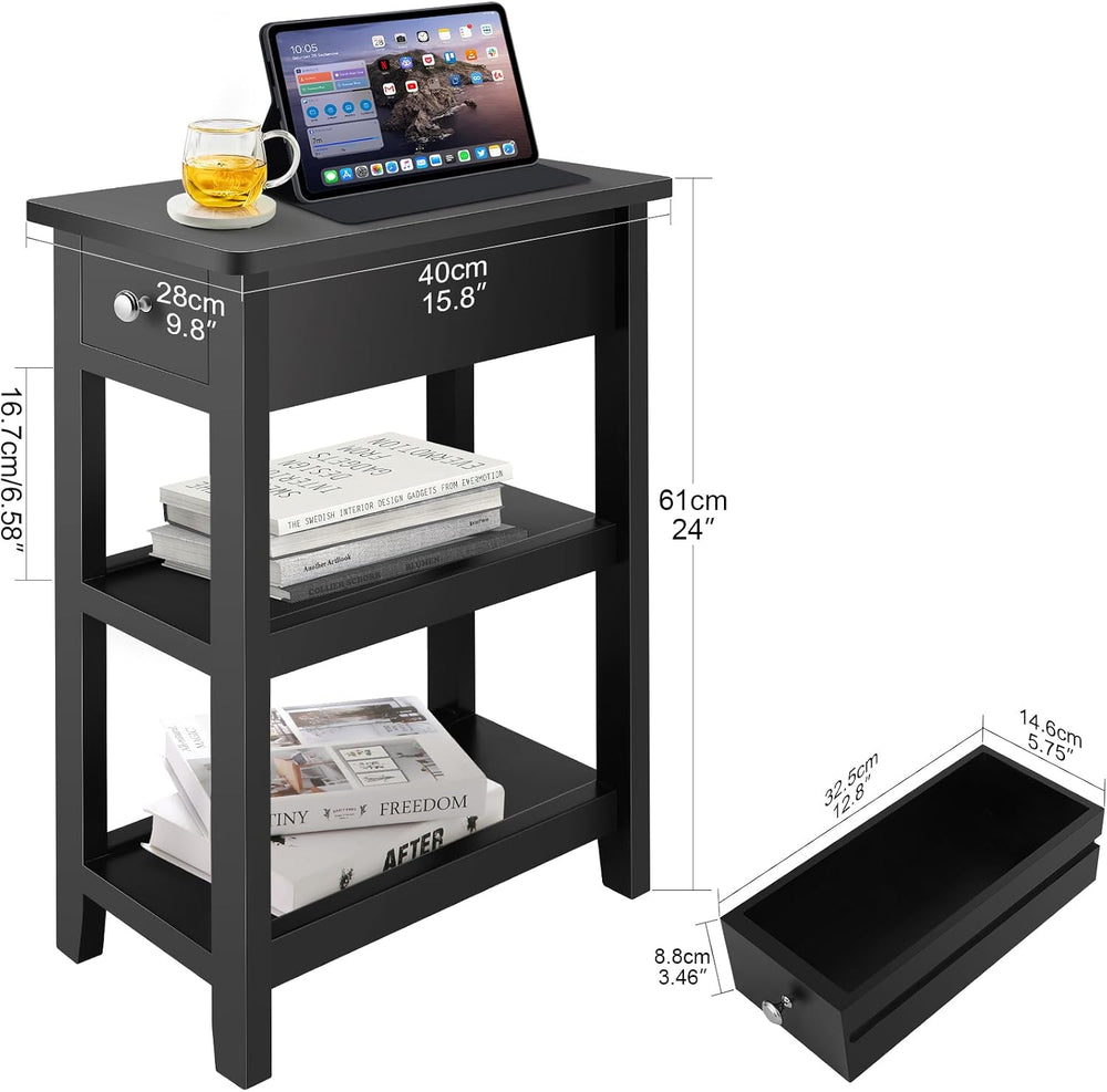 End Tables Living Room Set of 2, 3-Tier Narrow Sofa Side Table with Drawer an...