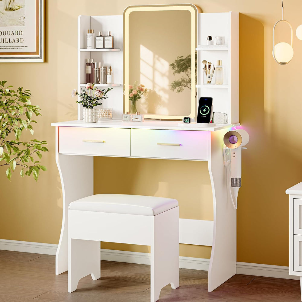 Makeup White Vanity Desk with Lights and Mirror, Small Vanity for Bedroom | V...