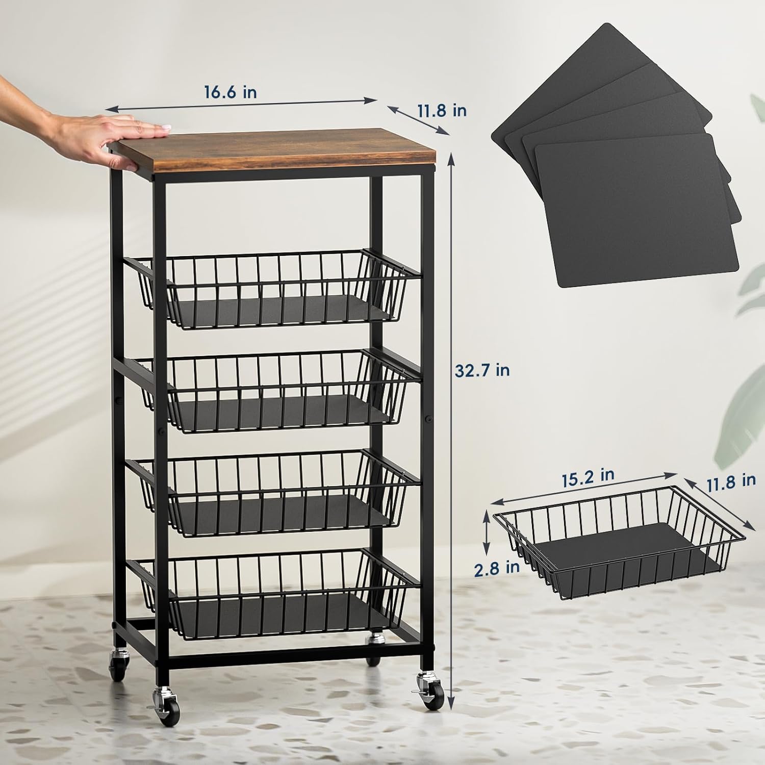 Fruit Vegetable Cart, 4-Tier Snack & Kitchen Cart on Wheels with Storage, Pull-Out Baskets & Wood Top, Rolling Organizer for Pantry, Living Room (Brown)