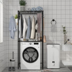 Xiofio Washer and Dryer Storage Shelf,Clothes Drying Rack,2 Tier Adjustable Height Storage Shelving with 2 Side Hook Laundry Shelves Used for Bathroom, Bedroom,Balcony,Black