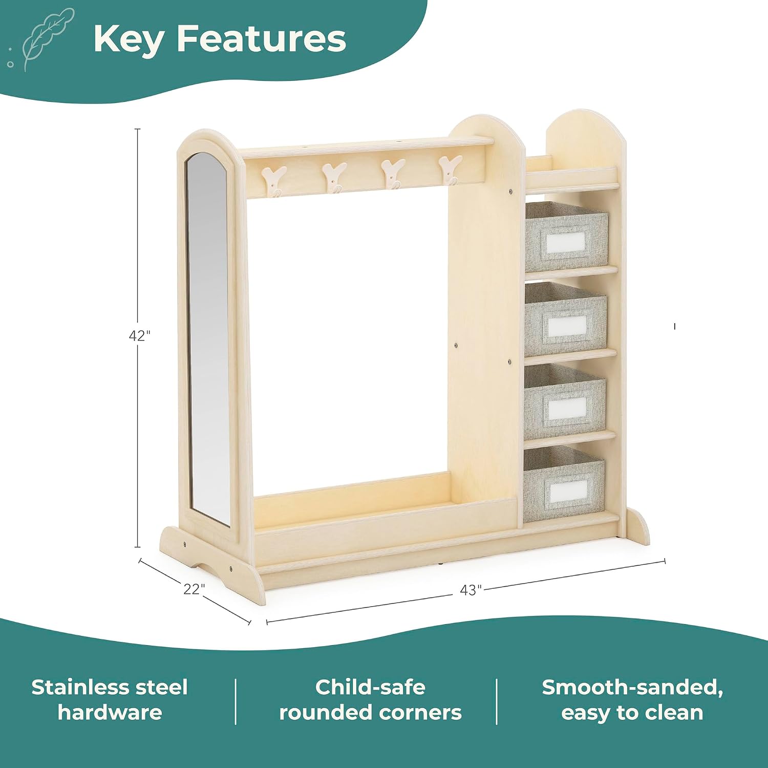 Guidecraft EdQ Dress-up Storage with Bins Natural: Kids Dress Up Rack with Mirror, Shoe Storage Shelf, and Cubbies for Costume and Pretend Play | Toddler Closet, Montessori Wood Bedroom Furniture