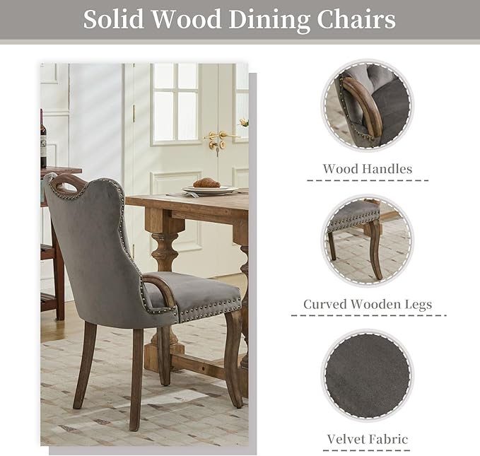 Grey Velvet Dining Chairs Set of 2，Modern Upholstered Dining Room Chairs with...
