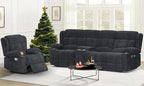 Recliner Sofa Set with Console, Flip Middle Backrest Design 3 Seater Reclining Sofa and Single Recliner Chair, Manual Couches for Living Room (Grey, 3 Seat+Console+1)